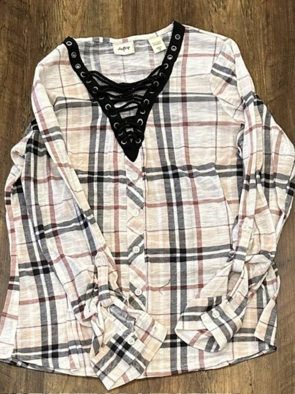 Plaid Lace-Up Blouse – S – Boho Peasant Top